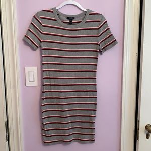 Gray, red, and black dress, size L.